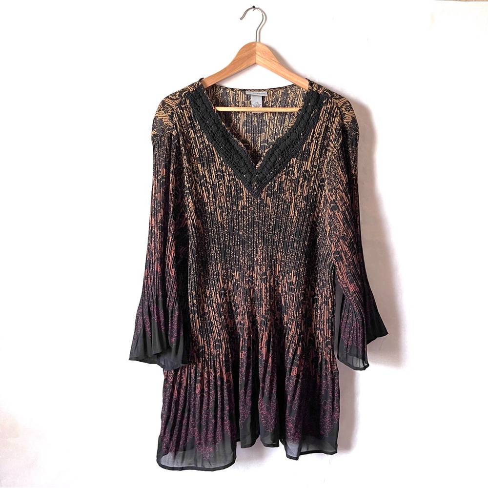 Catherines Brown Tunic Top V-neck Crochet Trim Womens Plus Size 4X‎ Pleated Boho